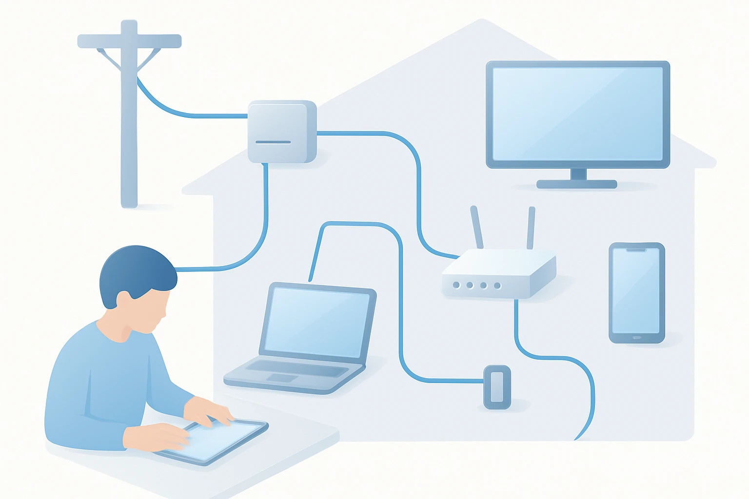 minh họa FTTH cáp quang hộ gia đình với nhiều thiết bị dùng chung