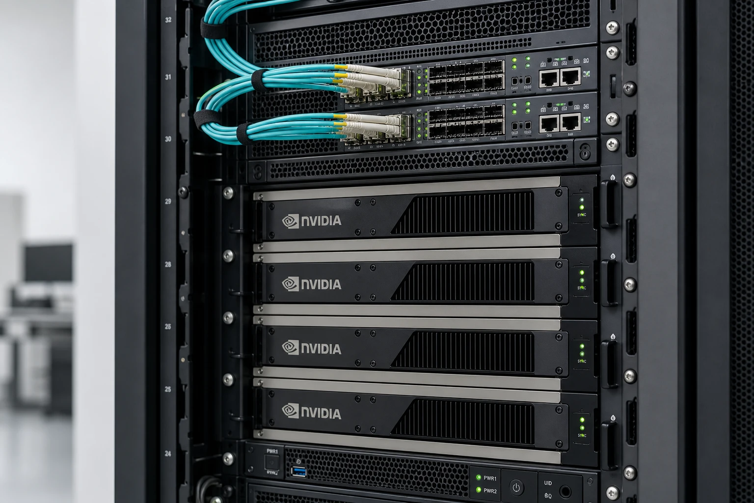 Cận cảnh server AI edge với GPU và cáp quang