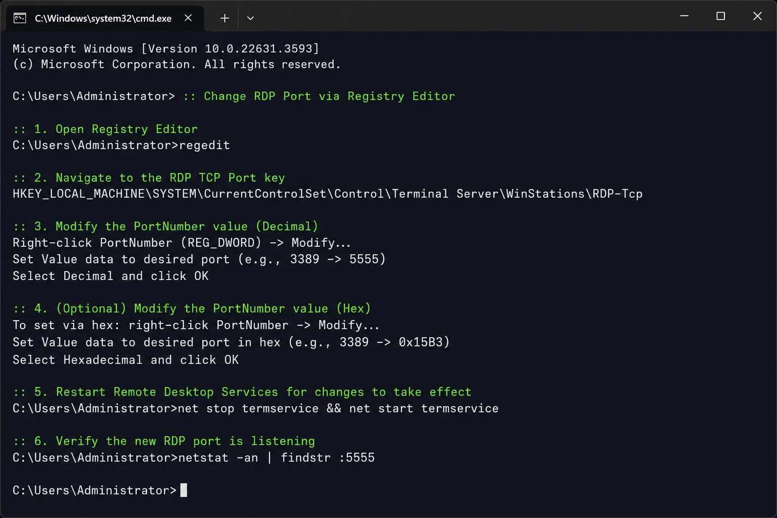 Ảnh minh họa registry editor đổi cổng RDP Windows