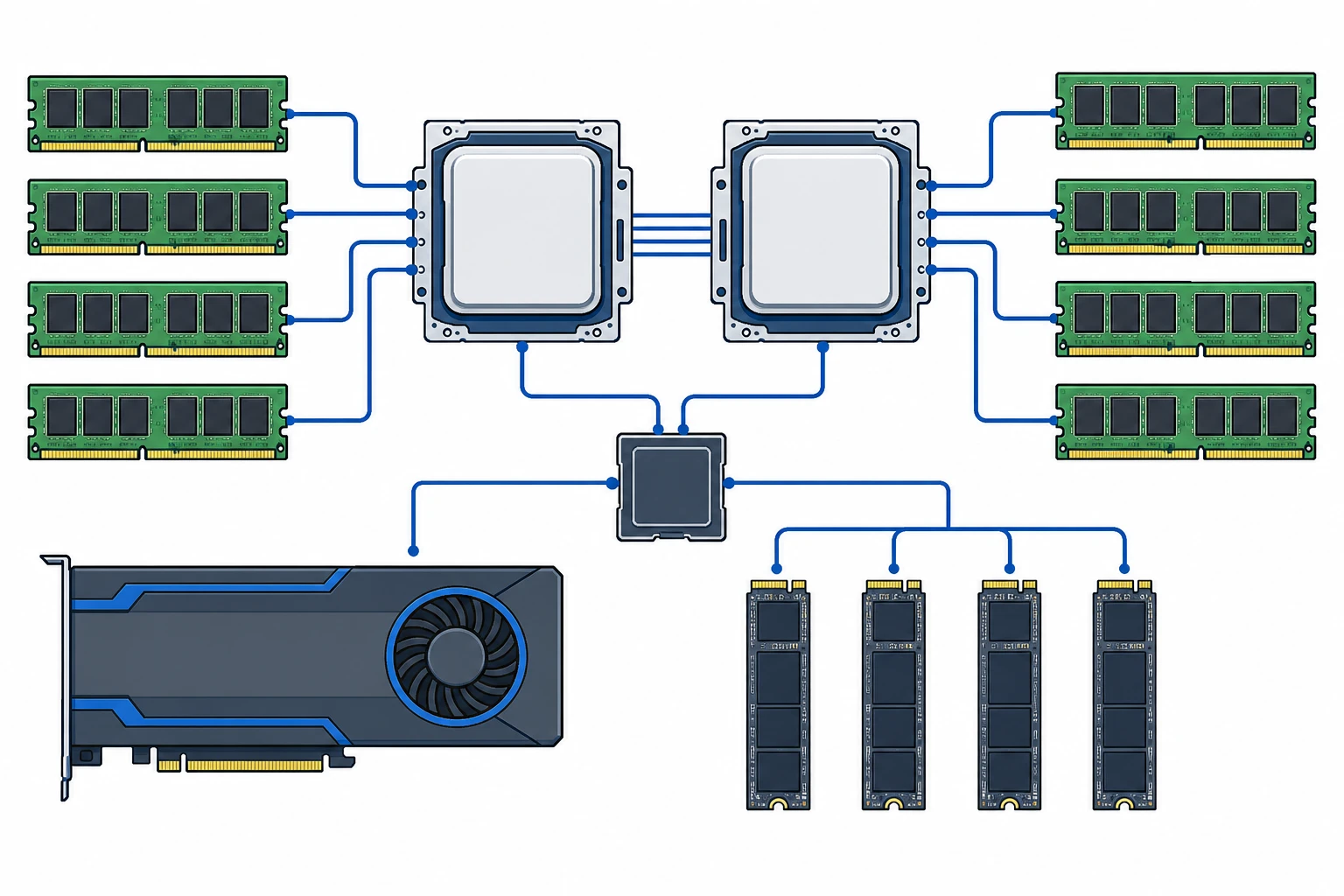 Sơ đồ kiến trúc phần cứng máy chủ R760 Dell, thể hiện CPU, RAM, GPU