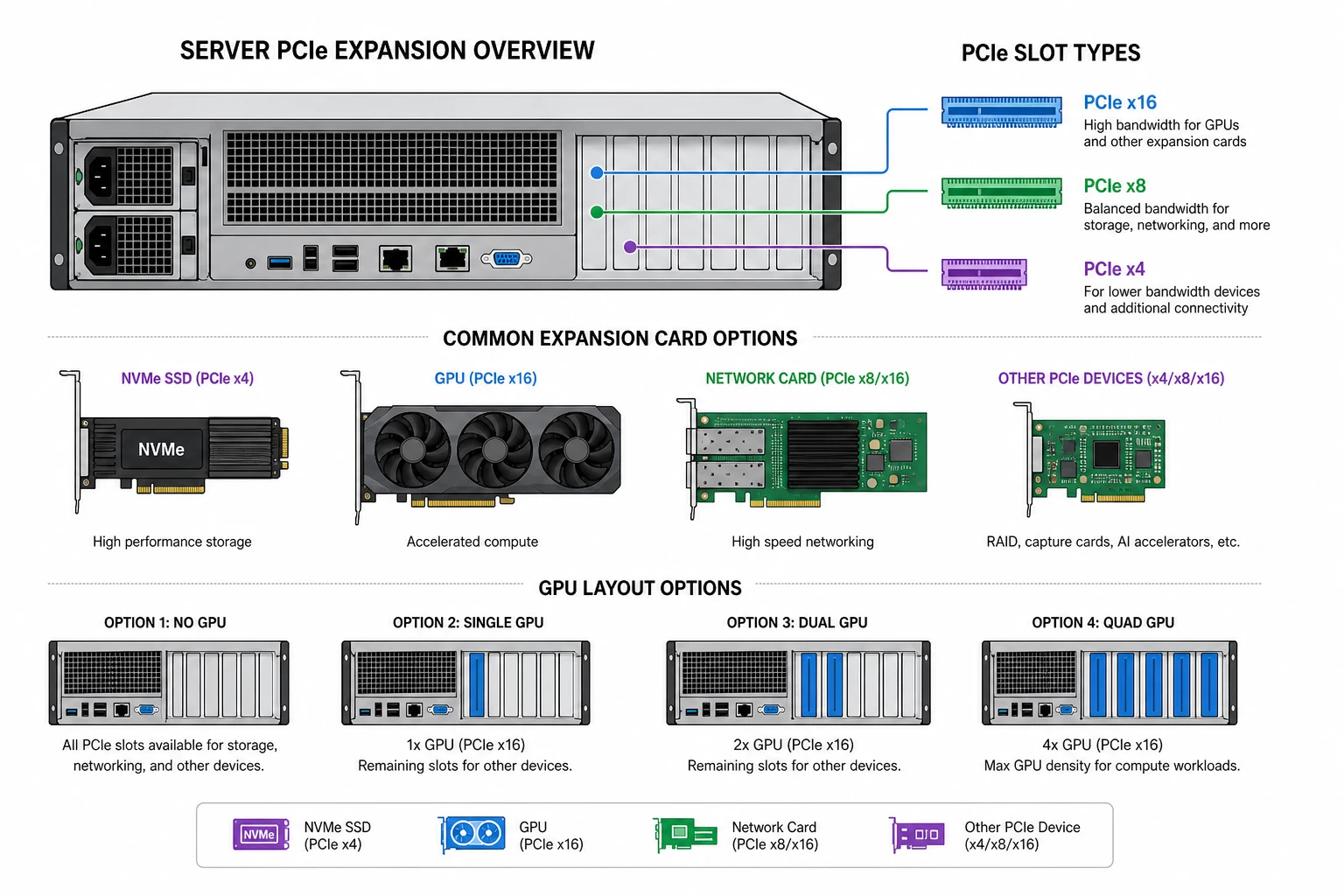 Sơ đồ kỹ thuật các khe PCIe và GPU cho Dell R760, HPE DL380 Gen11