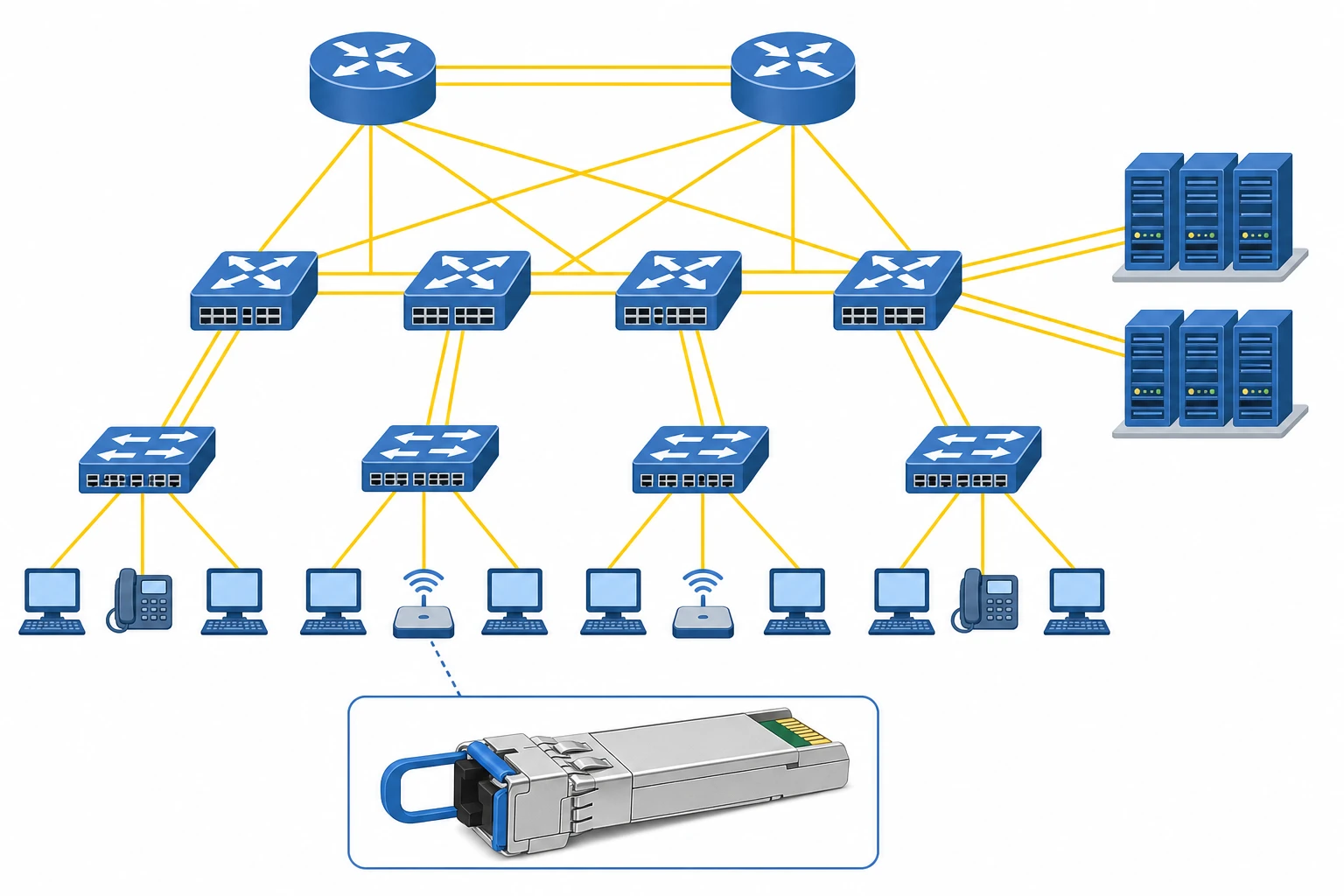 Sơ đồ mạng 25Gbps doanh nghiệp sử dụng SFP28 và cáp quang OM4
