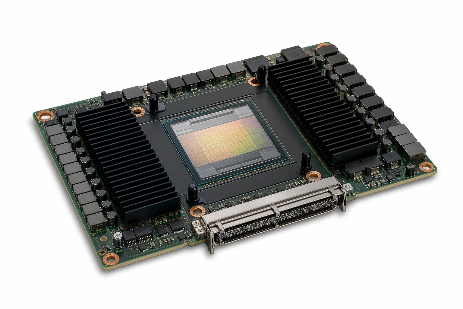 Ảnh chụp GPU H100 của Nvidia dạng card SXM5, PCB xanh, heatsink đen, góc 3/4, nổi bật focus keyword