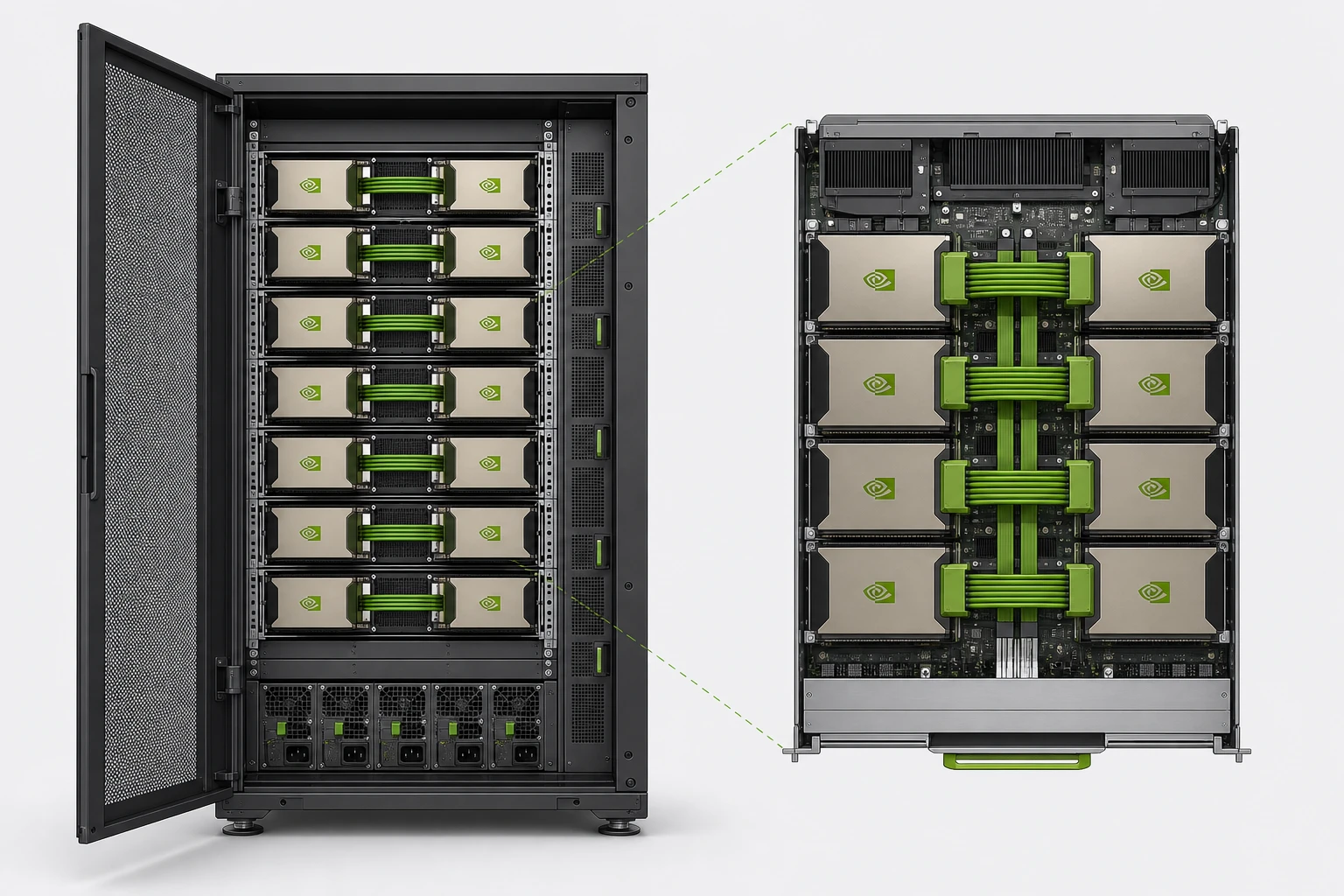 Minh họa rack server AI với nhiều GPU Nvidia H100 kết nối NVLink ở data center