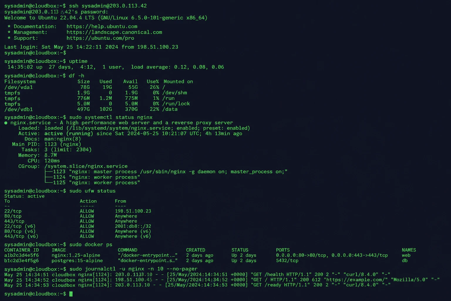 Terminal quản lý cloud server với lệnh Linux phổ biến
